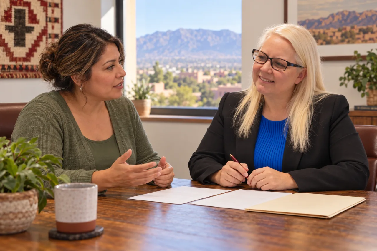 Illustrative scene of Anita Kelley listening to a woman as they review paperwork