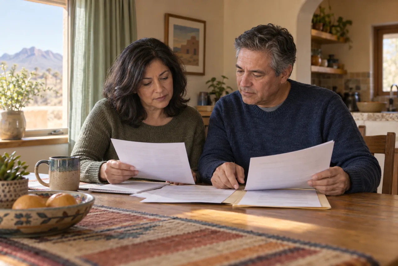Illustrative scene of two adults organizing household bills together